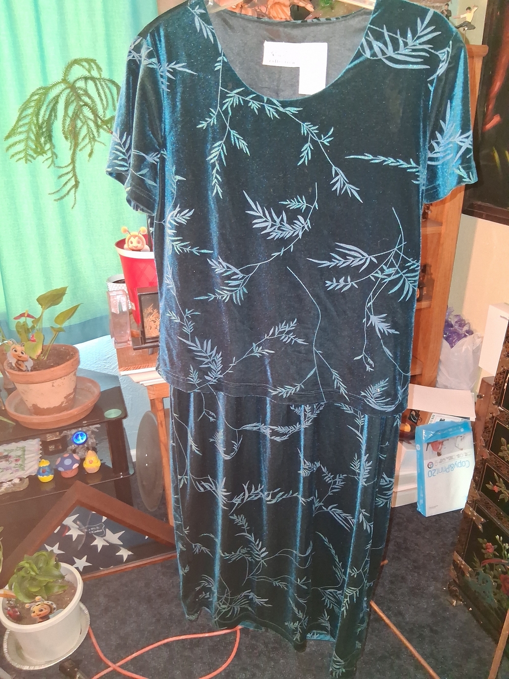 Kathie Lee Collection Teal Velvet Maxi Dress with Leaf Print